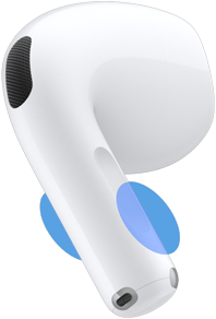 AirPods 5 външна част на слушалката, сини кръгове подчертават къде да докоснеш дръжката за контроли на силата на звука