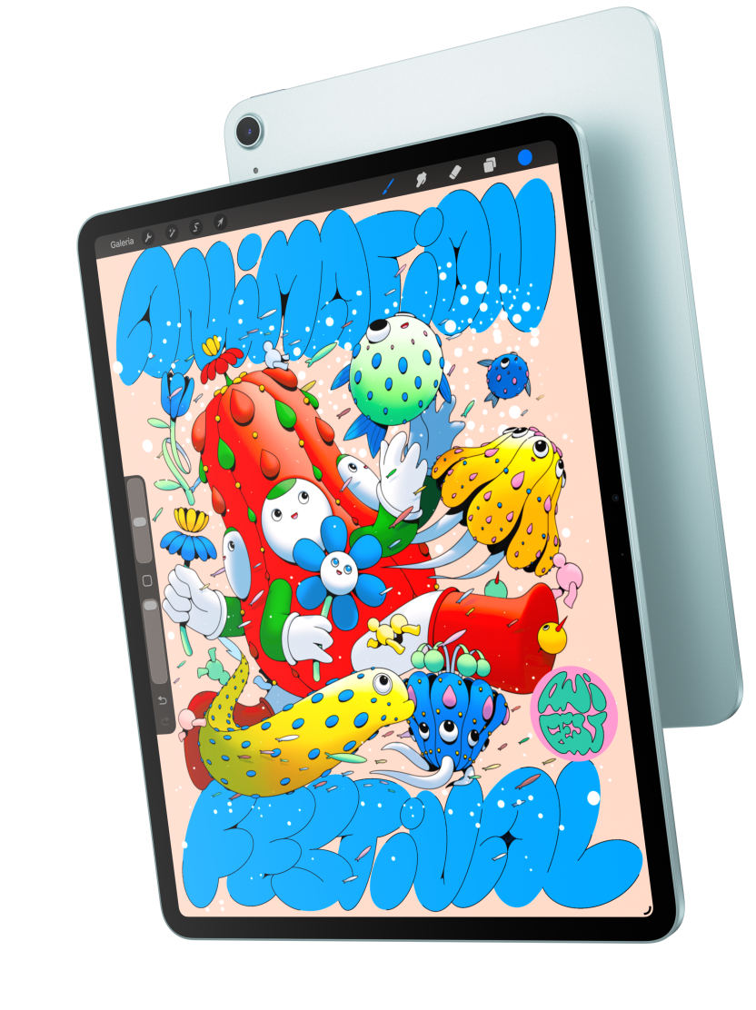 Imagem da parte da frente do iPad Air mostrando o modelo de 13 polegadas com o app Procreate que se sobrepõe à parte de trás de um iPad Air azul