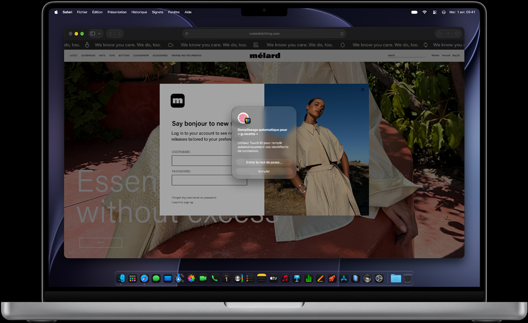 Fenêtre invitant à utiliser Touch ID pour se connecter à un site Internet dans Safari