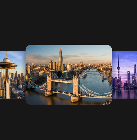 Flygfoton över Seattle, London och Shanghai.