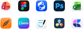Deset ikon aplikací ve dvou řadách: PowerPoint, Figma, Shapr3D, Photoshop, Excel, Linearity, Canva, GoodNotes, DaVinci Resolve, Craft