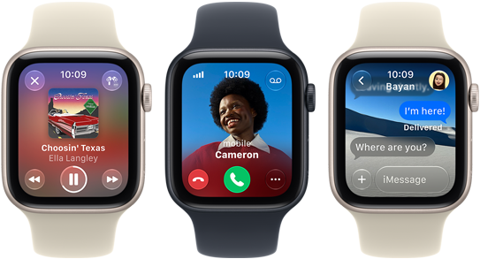 Kolm Apple Watch SE 3 seadet teineteise kõrval, millest ühel on kuvatud rakendus Apple Music, ühel sissetulev telefonikõne ja ühel sõnumid