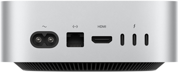 Mac mini, tagakülg, toitepesa, Etherneti-liides, HDMI-liides, kolm Thunderbolt-liidest
