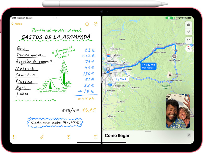 Pantalla del iPad que muestra una nota matemática en Mapas y FaceTime con el modo de imagen dentro de imagen.