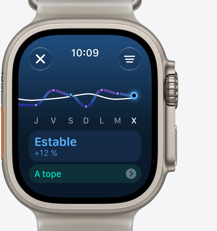 Apple Watch Ultra 4, pantalla de carga de ejercicio que indica un aumento constante, caja de titanio, color natural, con correa Ocean, color gris traslúcido