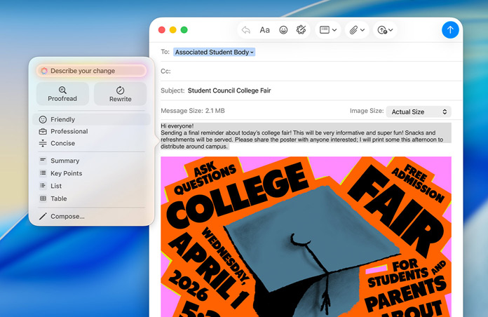 Macin Mail-apissa on korkeakoulumessuja koskeva sähköposti. Apple Intelligencen kirjoitustyökalut ovat avoinna, valittavana oikoluku tai tekstin sävyn muuttaminen