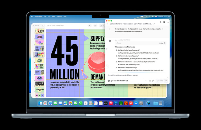 MacBookin näytöllä on Msty Studio ja mikrotaloustieteen opetuskortteja, jotka havainnollistavat laitteen tekoälyominaisuuksia