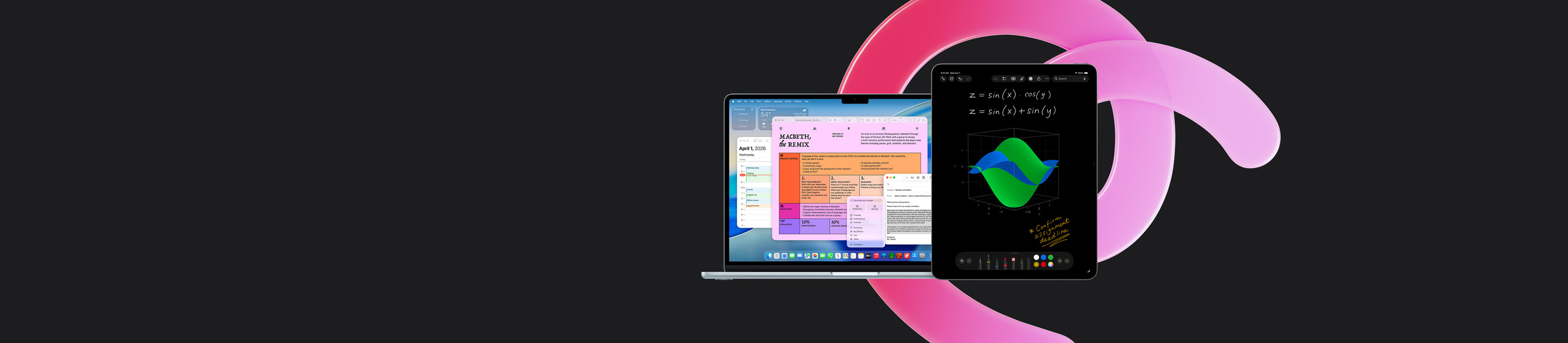 MacBook Airissa on esillä Pages, Kalenteri, Ilmoitus ja Mail, ja sen vieressä iPadissa on käsin kirjoitettuja yhtälöitä Matematiikkamuistiinpanoissa. Kokonaisuus havainnollistaa sisäänrakennettujen appien tarjoamia mahdollisuuksia tehokkaaseen työskentelyyn