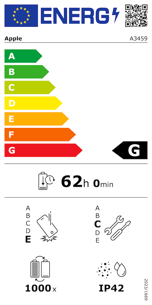 Étiquette énergétique de l’UE, code QR et informations, modèle Apple A3459, classe G, classes d’efficacité énergétique (échelle allant de A à G), A (la plus élevée) à G (la plus basse), endurance de la batterie par cycle, 62 heures et 0 minute par charge complète de la batterie, résistance aux chutes répétées de classe E, A (plus résistante) à E (moins résistante), réparabilité de classe C, A (plus réparable) à E (moins réparable), endurance de la batterie de 1 000 cycles, indice de protection IP42 pour la poussière et l’eau, règlement 2023/1669