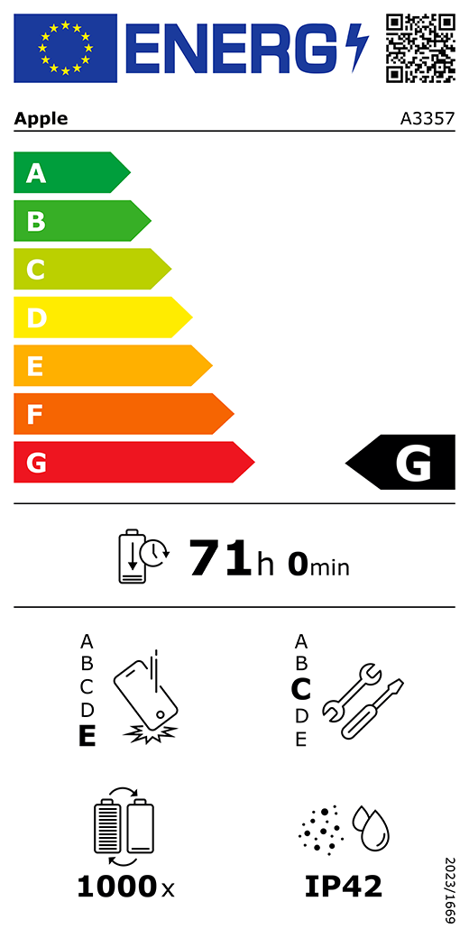 QR-kod för energimärkning och information (EU), Apple-modell A3357, klass G, klasser för energieffektivitet (skala från A till G), A (mest effektiv) till G (minst effektiv), batteritid per laddningscykel, 71 timmar och 0 minuter vid full laddning, tillförlitlighet vid upprepat fritt fall: klass E, A (mest robust) till E (minst robust), reparerbarhet: klass C, A (mest reparerbar) till E (minst reparerbar), batteriets livslängd i antal cykler: 1000, IP42-klassad damm- och vattentålighet, förordning 2023/1669
