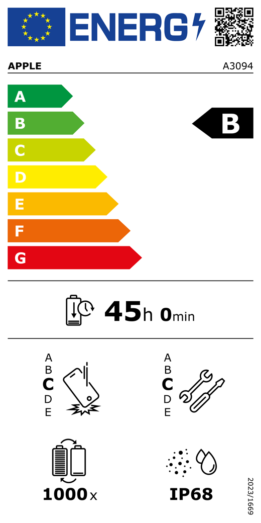 EUs energimerking, QR-kode og informasjon, Apple-modell A3094, klasse B, energieffektivitetsklasser (på en skala fra A til G), fra A (mest effektiv) til G (minst effektiv), batteritid per syklus, 45 timer og 0 minutter per fullading, holdbarhetsklasse C ved gjentatt fritt fall, fra A (mest holdbar) til E (minst holdbar), reparerbarhetsklasse C, fra A (mest reparerbar) til E (minst reparerbar), 1000 batterisykluser, støv- og vannbestandig med en rangering på IP68, forordning 2023/1669.