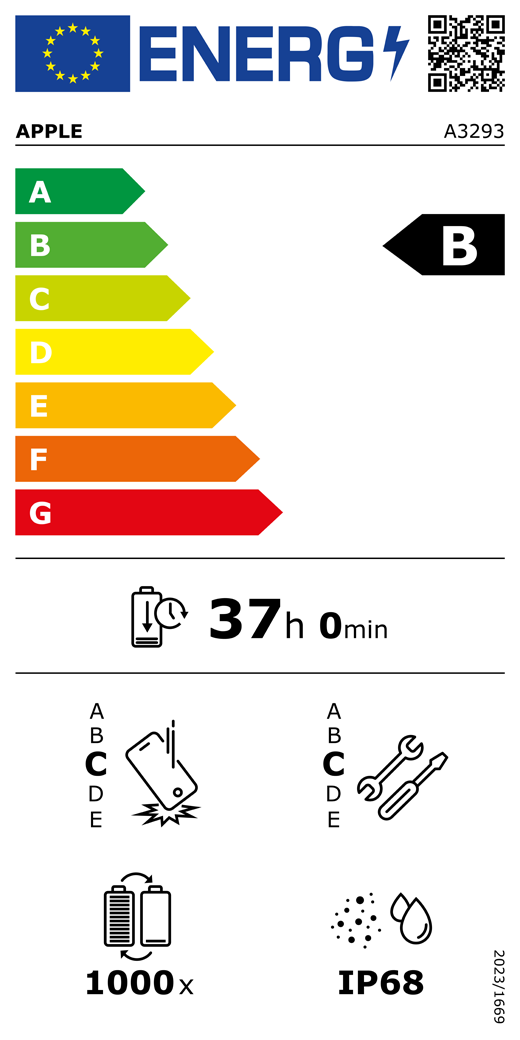 EUs energimerking, QR-kode og informasjon, Apple-modell A3293, klasse B, energieffektivitetsklasser (på en skala fra A til G), fra A (mest effektiv) til G (minst effektiv), batteritid per syklus, 37 timer og 0 minutter per fullading, holdbarhetsklasse C ved gjentatt fritt fall, fra A (mest holdbar) til E (minst holdbar), reparerbarhetsklasse C, fra A (mest reparerbar) til E (minst reparerbar), 1000 batterisykluser, støv- og vannbestandig med en rangering på IP68, forordning 2023/1669.