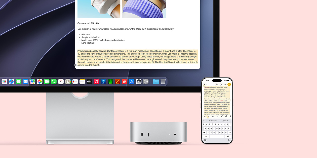 Mac mini vist forfra placeret under Studio Display, til højre er en iPhone med markeret tekst på skærmen med kommandoerne klip ud, kopiér, indsæt og Autoudfyld. Teksten matcher den markerede tekst på Studio Display-skærmen for at demonstrere Universel udklipsholder