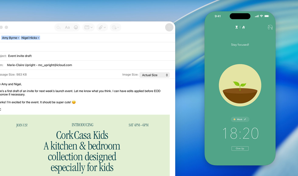 Mail-appen er åpen på MacBook-skjermen, en melding fra Forest på iPhone-skjermen vises på MacBook-skjermen