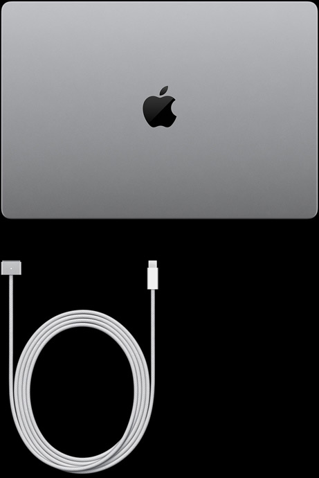MacBook Pro avec Écran PROLED XDR, argent, dessus, fermé, câble de charge USB‑C et adaptateur secteur