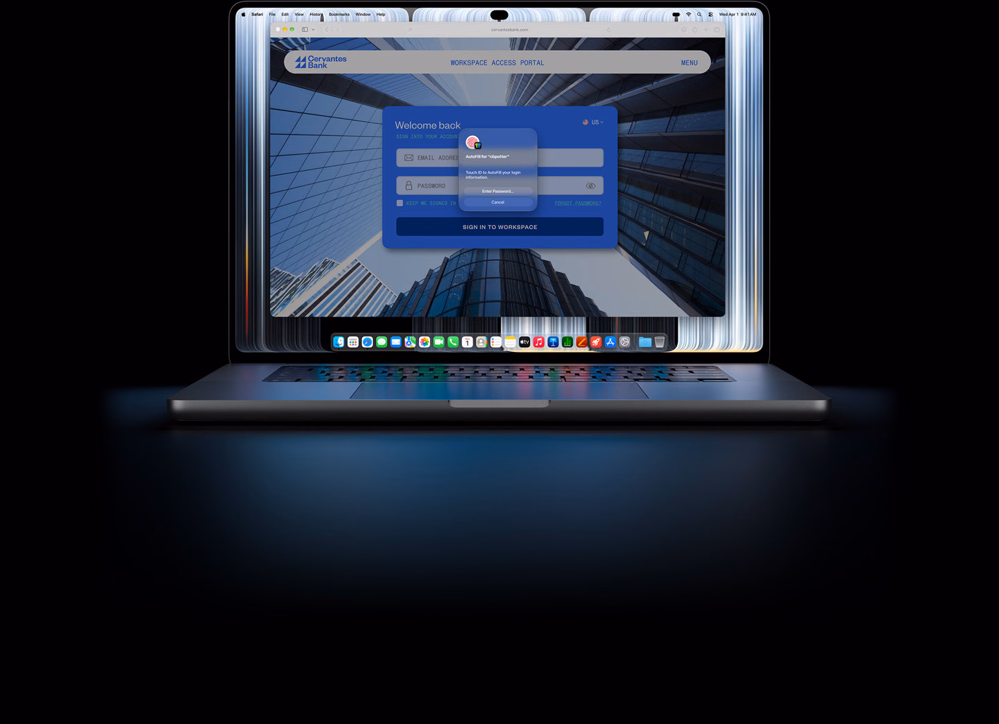 MacBook Pro PROLED XDR ‑näytöllä, pieni Safari-ikkuna kehottaa käyttäjää käyttämään Touch ID:tä tai syöttämään käyttäjätunnukset verkkosivulle kirjautumista varten