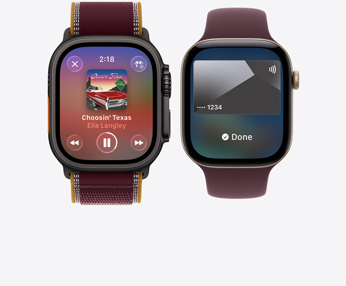 Apple Watch Ultra 4, boîtier en titane, noir, app Apple Music, écran à l’écoute, bracelet Boucle Trail, bordeaux ; Apple Watch Series 12, boîtier en aluminium, finition or clair, écran Apple Pay, Apple Card, bracelet Boucle Sport, bordeaux