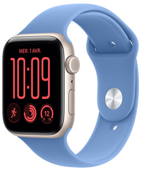 Apple Watch SE 3, boîtier en aluminium, finition lumière stellaire, côté droit, molette Digital Crown, micro, bouton latéral, associée à un Bracelet Sport, couleur bleuet (bleu poudré), système de fermeture à clou et passant (clou argent)