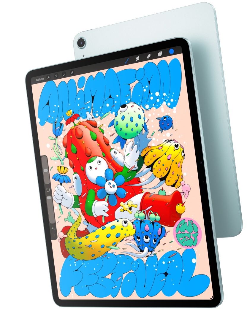 Vue avant d’un iPad Air 13 pouces affichant Procreate, superposé au dos d’un iPad Air bleu