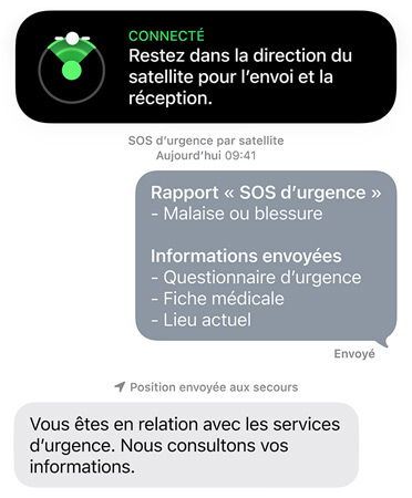 Fonctionnalité SOS d’urgence par satellite en cours d’utilisation pour contacter les services d’urgence et obtenir de l’aide pour une personne malade ou blessée