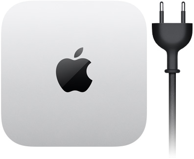 Mac mini, από πάνω, ασημί αλουμίνιο, τετράγωνο, στρογγυλεμένες γωνίες, γυαλιστερό μαύρο λογότυπο Apple στο κέντρο, μαύρο καλώδιο τροφοδοσίας με βύσμα τροφοδοσίας δύο ακίδων