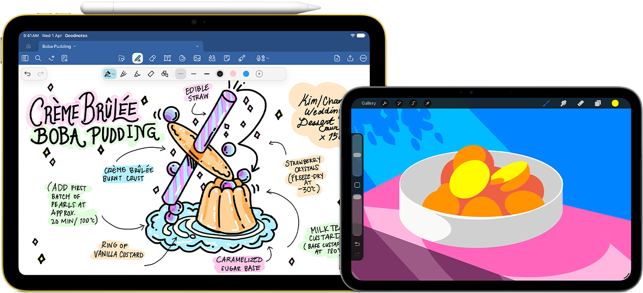 On left, iPad, landscape orientation, displaying a graphic with notes and a drawing with Apple Pencil USB-C attached at top. On right, iPad mini, landscape orientation showing a colorful illustration made with ProCreate.