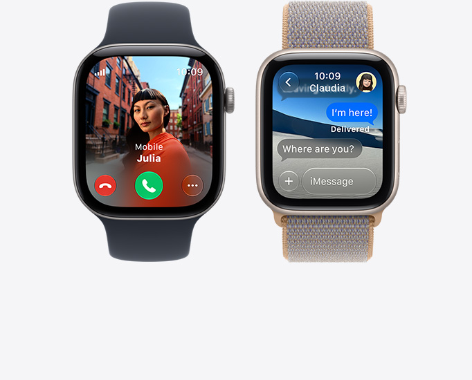 Apple Watch Series 12，太空灰鋁金屬錶殼，配搭黑色運動錶帶，螢幕顯示來電、聯絡人相片、接聽與拒接來電按鈕；Apple Watch SE 3，星光色鋁金屬錶殼，配搭水手布藍色 (淺藍灰色) 運動手環錶帶，螢幕顯示 iMessage 對話