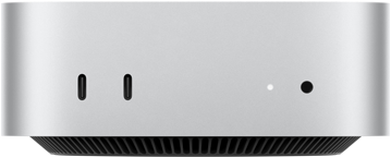 Mac mini, sprijeda, dva priključka Thunderbolt, svjetlosni indikator statusa i priključak za slušalice, postolje suženo pri dnu, ravni gornji dio, zaobljeni uglovi, ravni rubovi, srebrna boja