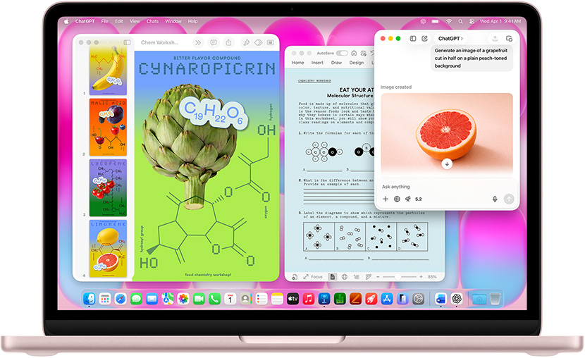 MacBook Neo, warna blush, menggunakan ChatGPT untuk menghasilkan gambar jeruk bali, jendela lain berisi dokumen Keynote berjudul poster molekul dengan gambar buah dan sayur serta senyawa molekul terkait, dan dokumen Microsoft Word terkait