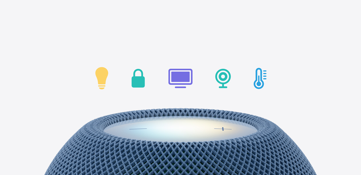 HomePod mini 2, top exterior, blue colour, illuminated touch surface, five smart home icons above: lightbulb, padlock, television, security camera, thermometer