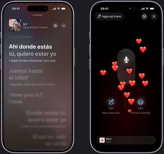 Due iPhone affiancati: quello a sinistra mostra la modalità Apple Music Sing con la canzone “ILY” di Kapo e Myke Towers; quello a destra mostra la modalità Apple Music Sing con una serie di emoji a forma di cuore che salgono dal basso dello schermo, l’icona del microfono al centro dello schermo, le icone “Voci brano” e “Riverbero microfono” in basso