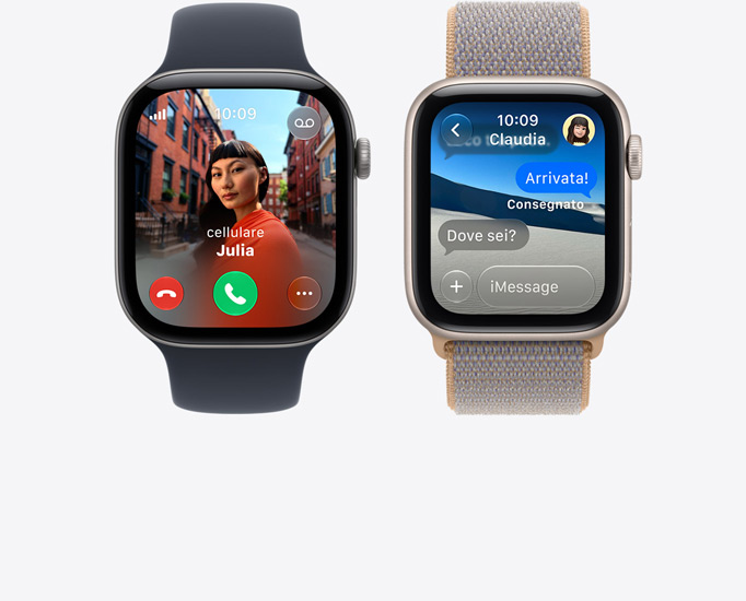 Vari Apple Watch Series 12, schermate con chiamata in arrivo, foto di contatto, pulsanti per accettare e rifiutare la chiamata, conversazione iMessage, cinturini Sport nero e Sport Loop blu Chambray (grigio-azzurro)