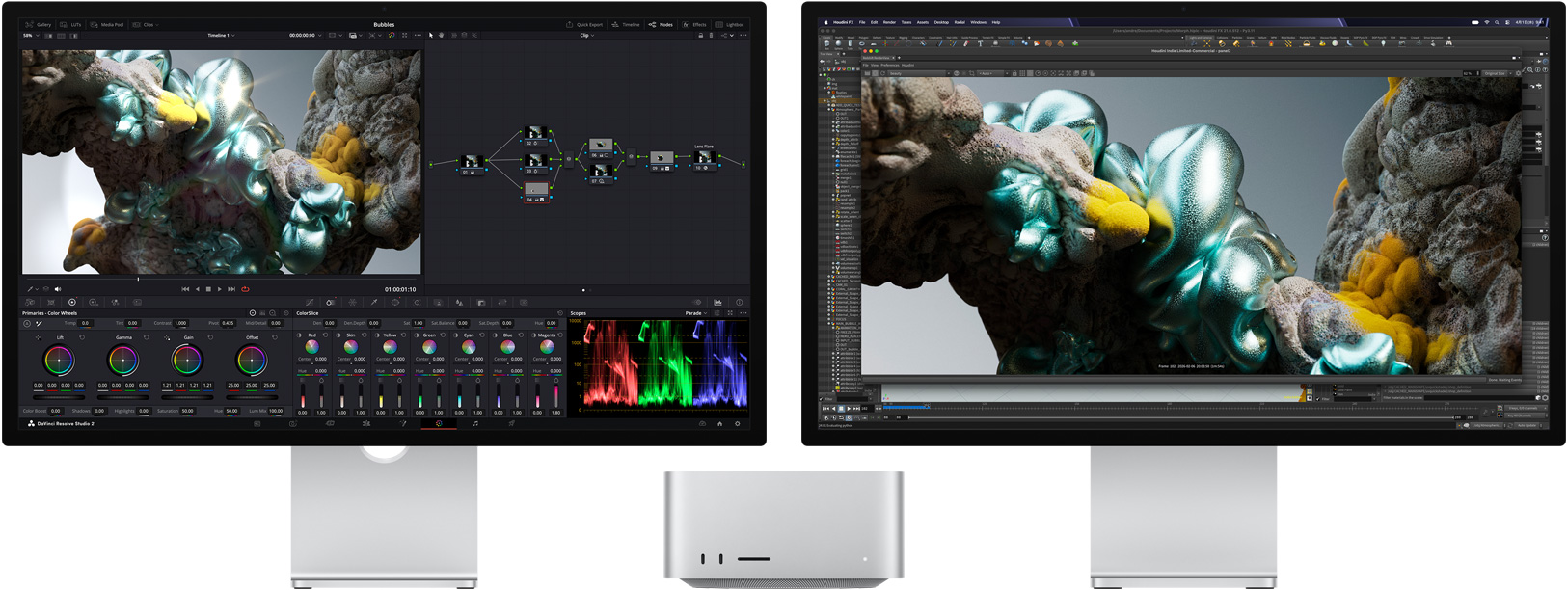 Studio Displayの画面にDaVinci Resolve Studioが表示され、抽象的なマルチカラーの画像が拡大表示されている。隣にはMac Studioの前面が見えている。Studio Display XDRの画面にはHoudiniとMaxon Redshiftが表示され、同じ画像がさらに拡大表示されている