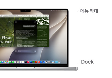 Dock의 위치를 나타내는 선이 표시된 MacBook Pro 14의 macOS 탐색 가이드.