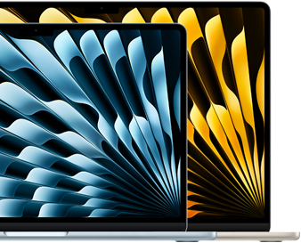 Du „MacBook Air“ nešiojamieji kompiuteriai demonstruoja ekrano dydžio skirtumą: 13,6 colio ir 15,3 colio matuojant įstrižai