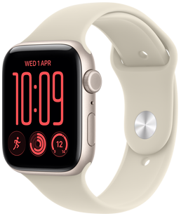 Apple Watch SE 3, alumīnija ietvars zvaigžņu krāsā, labā sāna ārpuse, Digital Crown ritināmā poga, mikrofons, sānu poga, savienots ar sporta siksniņu smilšu krāsā (gaiši bēša), aizdare (sudraba krāsas aizdare)