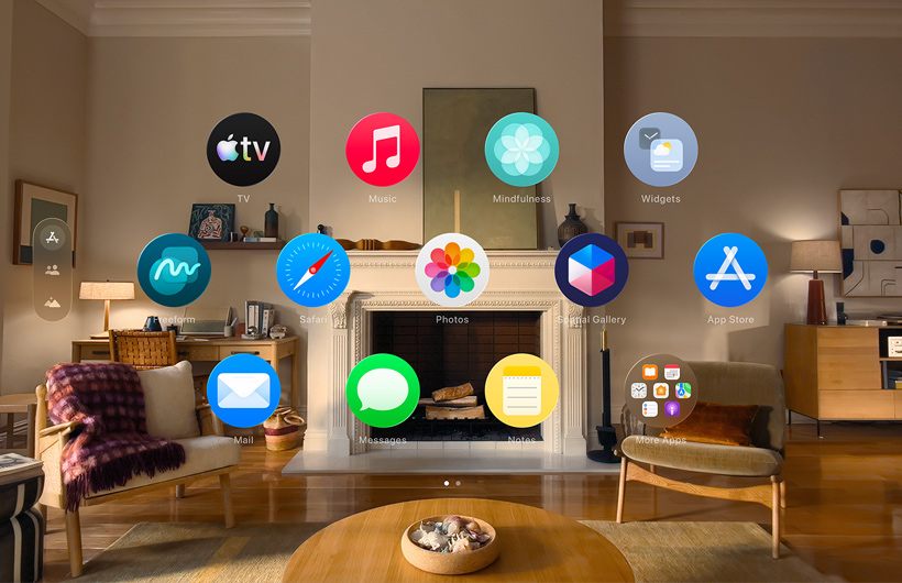 A user wearing Apple Vision Pro on a couch in a living room launching Home View