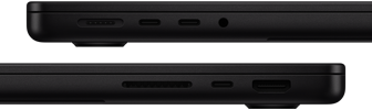 Showing the ports on MacBook Pro — left side: MagSafe, two Thunderbolt ports, and headphone jack — right side: SDXC, one Thunderbolt port, and HDMI
