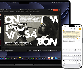 iPhone with text highlighted in the Notes app, MacBook Pro with a PowerPoint slide open, text from Notes app is visible on the slide