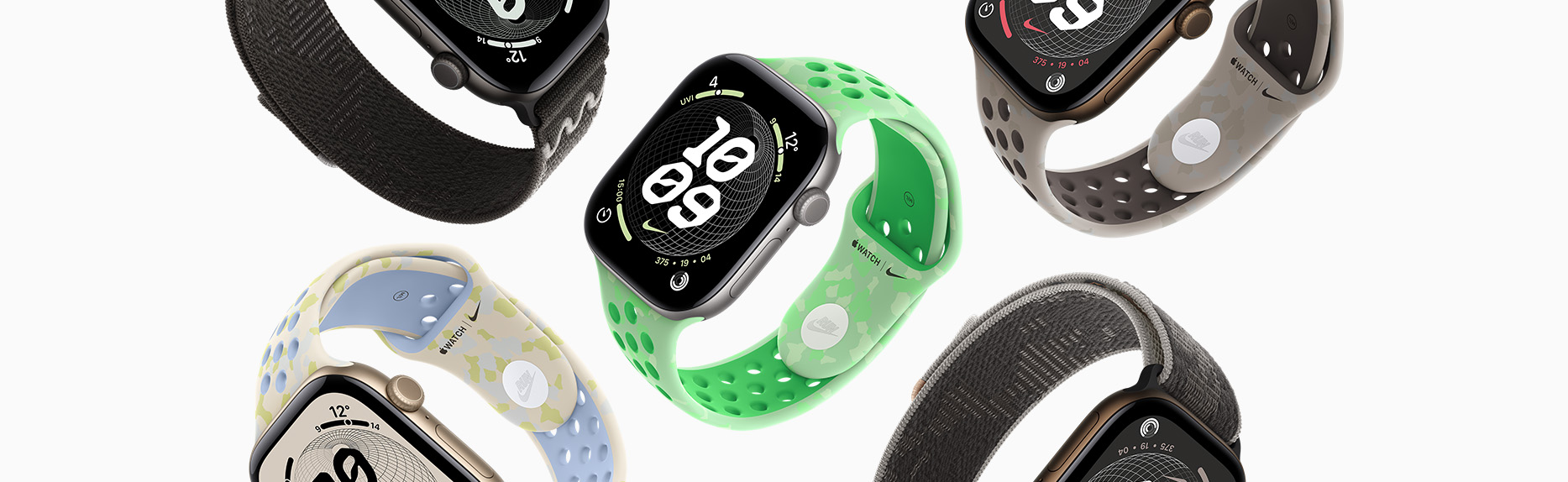 多隻 Apple Watch 裝置，展示不同 Nike 錶帶和 Nike 錶面