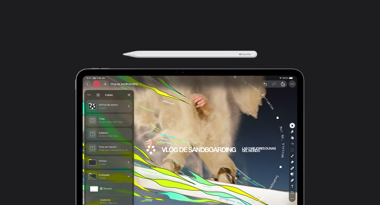 Apple Pencil sobre un iPad Pro de 13 pulgadas, en la pantalla se ve el kit de herramientas de diseño gráfico, kit de herramientas para capas de Pixelmator Pro, un archivo de vlog de sandboarding