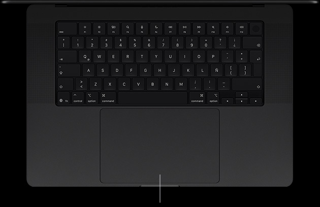 MacBook Pro con pantalla PROLED XDR, color negro espacial, abierta, se muestra el teclado y el trackpad Force&nbsp;Touch