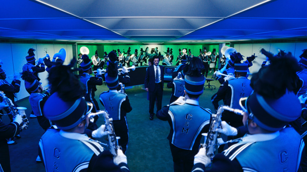 A still from the marching band scene in the season two finale of “Severance,” “Cold Harbor.”
