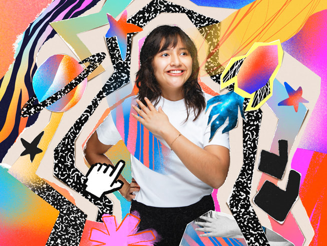 A colourful collage featuring a portrait of BreakDownCosmic creator, Luciana Ortiz Nolasco.