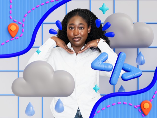 Karen-Happuch Peprah Henneh ist umgeben von 3D-Illustrationen einer Regenwolke und einer Karte mit einer Route von einem Startpunkt zu einer Zielmarkierung, als Symbol für eine App zur Evakuierung aus Überschwemmungsgebieten.