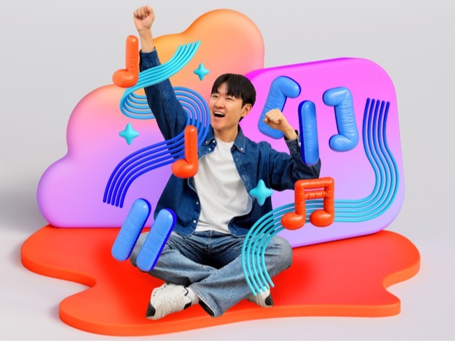 Yoonjae Joung jubelt mit erhobenem Arm, umgeben von farbenfrohen 3D-Illustrationen von Noten, einer Bratsche und Schallwellen.