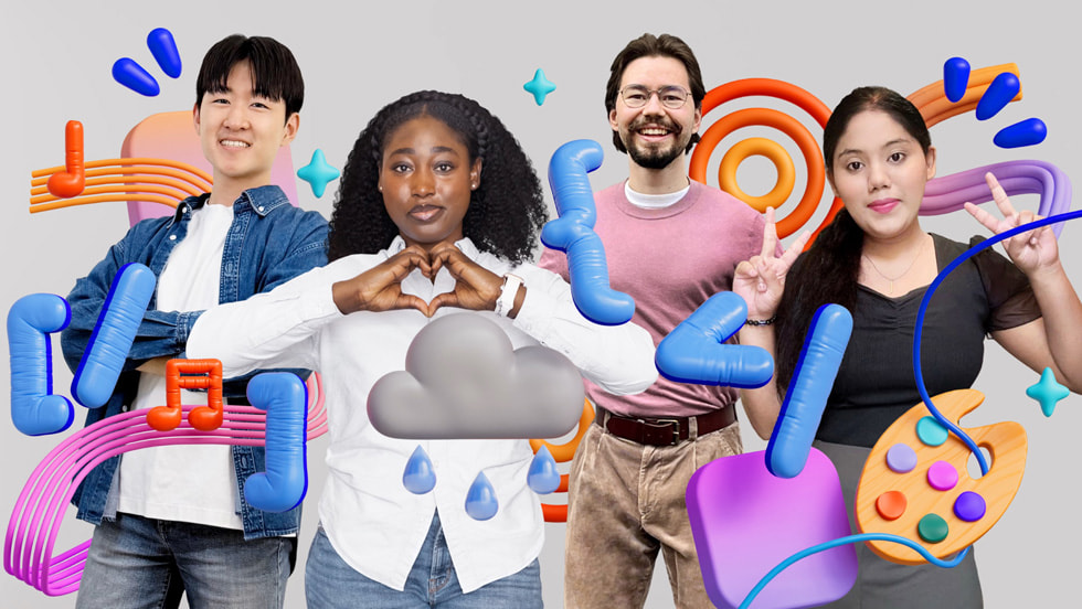 Eine farbenfrohe Collage mit den ausgezeichneten Gewinner:innen der Swift Student Challenge 2026: Yoonjae Joung, Karen-Happuch Peprah Henneh, Anton Baranov und Gayatri Goundadkar.