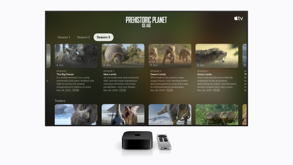 In de interface van Apple TV staat een menu voor het programma ‘Prehistoric Planet: Ice Age’ in de standaard tekstgrootte.