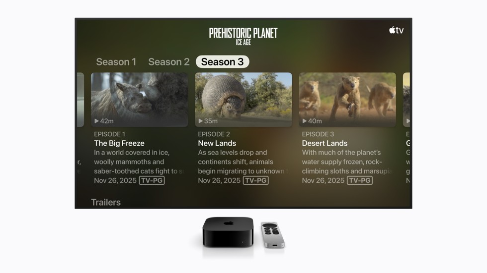 In de interface van Apple TV staat een menu voor het programma ‘Prehistoric Planet: Ice Age’ in grotere tekst.