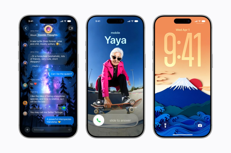 Drie iPhone 17 Pro-modellen met een Image Playground-afbeelding in de Berichten-app, als contactposter en als achtergrond voor het toegangsscherm.